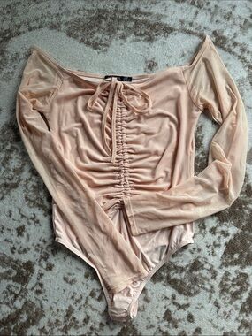 Nasty Gal Blush Ruched Tie-Front Long Sleeve Bodysuit